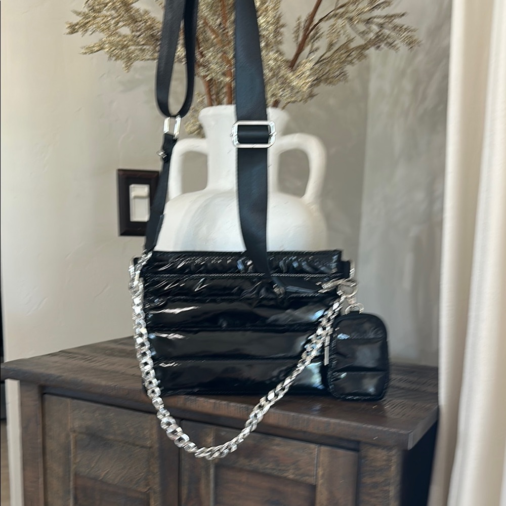 Patent Quilted Black Crossbody Bag with Silver Chain
